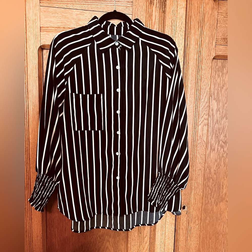 Black and White Striped Button-Up Shirt with ruffled cuffs